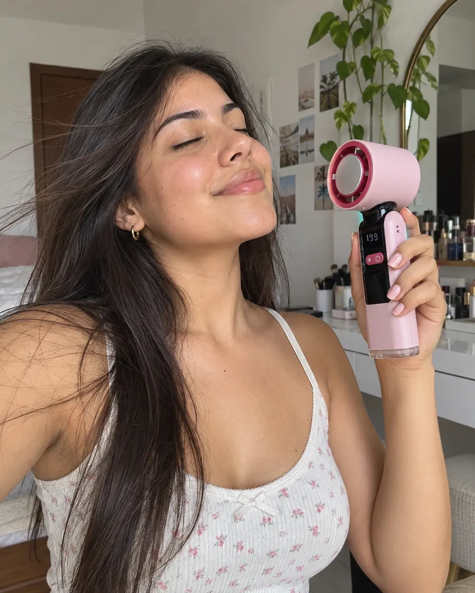 Una chica se refresca con el ventilador de mano Freshlite Turbo rosa, con los ojos cerrados