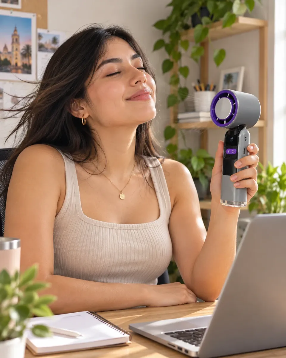 Una chica se refresca con el ventilador de mano grafito frente a su computadora
